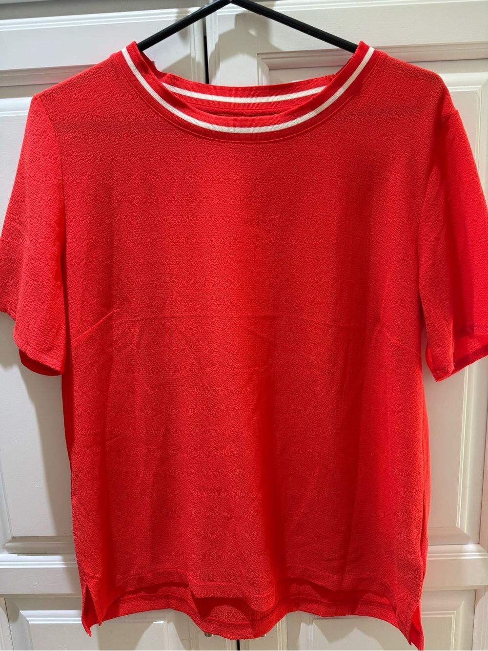 Orange Short-Sleeve Crewneck Tee with Striped Collar